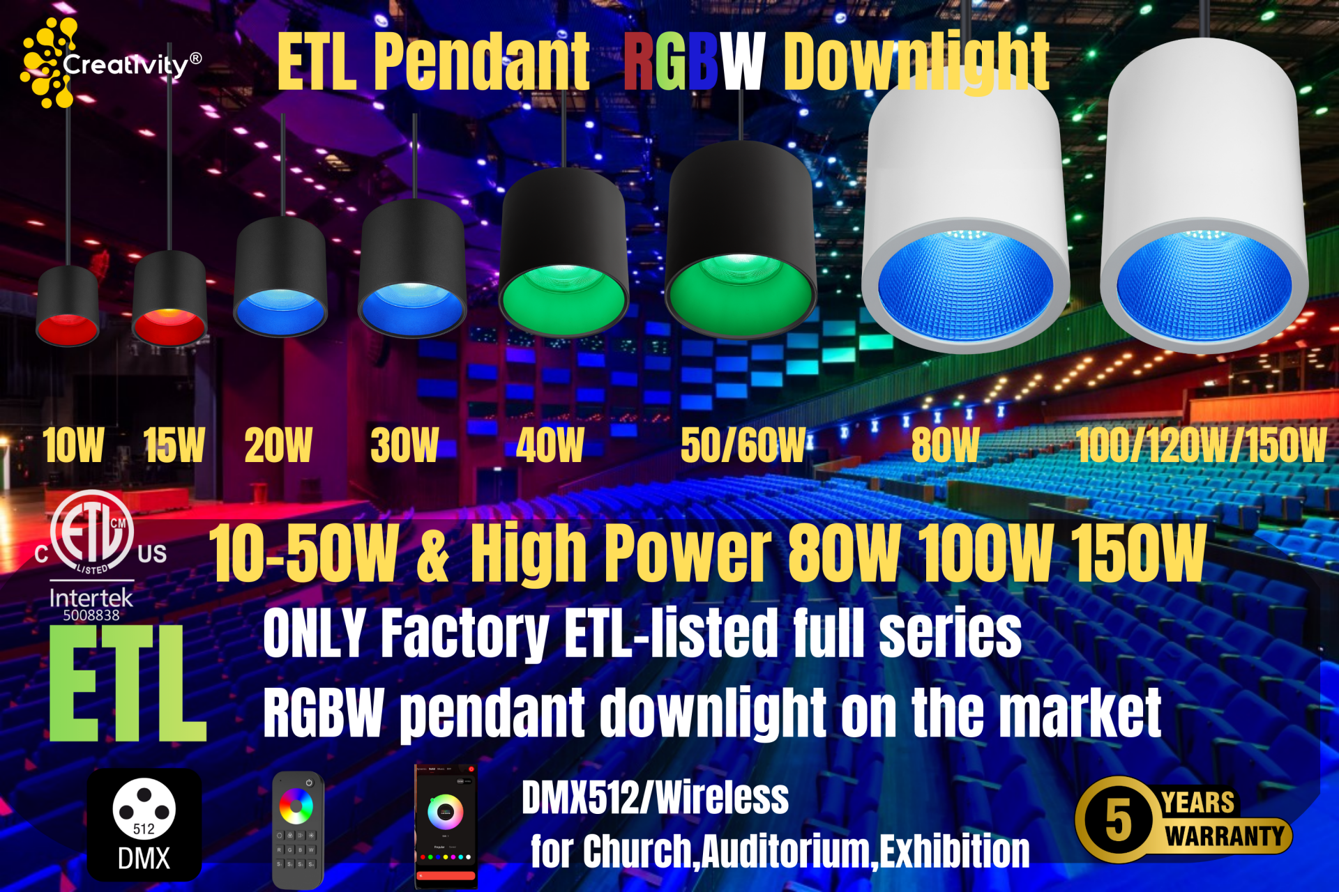 ETL Listed RGBW Pendant LED Downlight for Churches